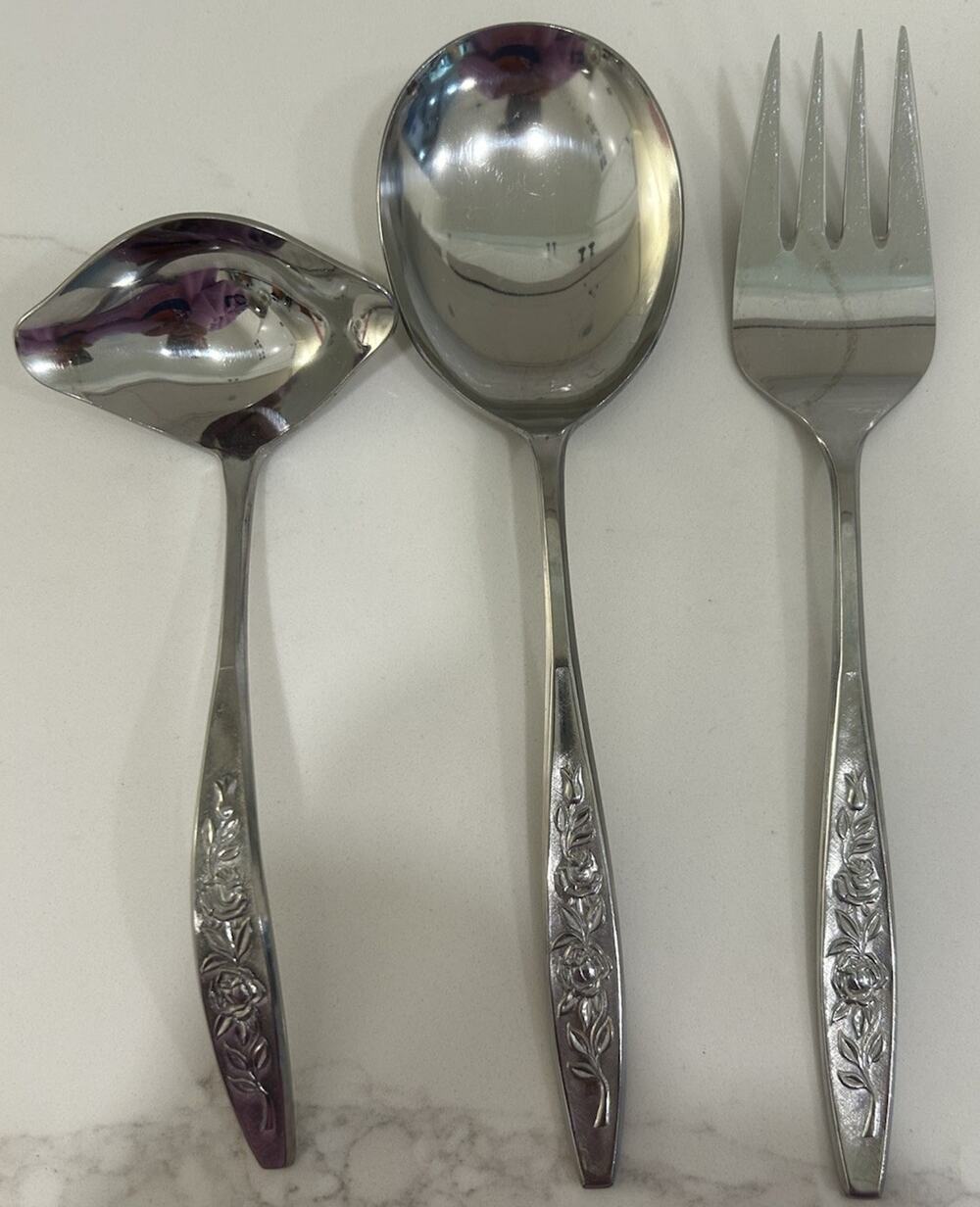 Eldan ELD18 Set of 3 Serving Pieces MAY ROSE Textured Roses Stainless Vtg MCM